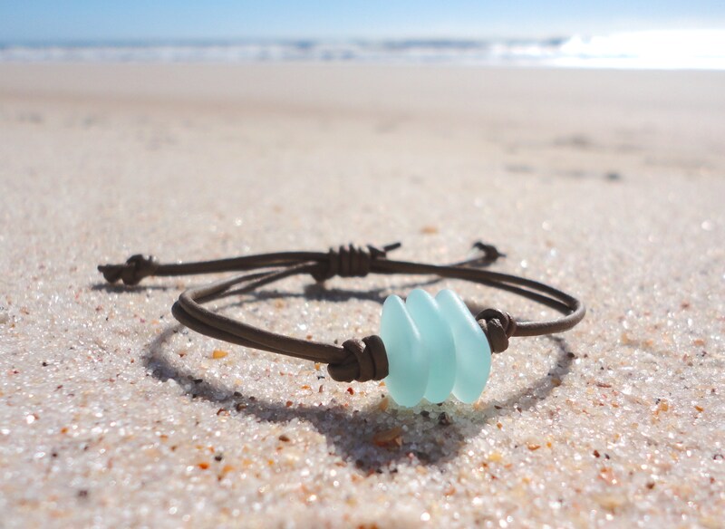 Leather Sea Glass Bracelet Beach Glass Bracelet Adjustable Handmade Beach Bracelet Gift for Mermaids Sea Glass Jewelry Leather Bracelet